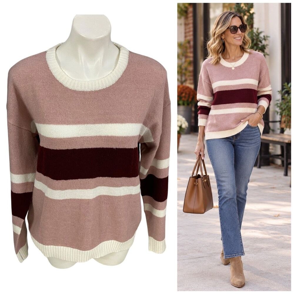 Jason Maxwell Sweater Womens Large Pink Colorblock Striped Pullover Soft Girl